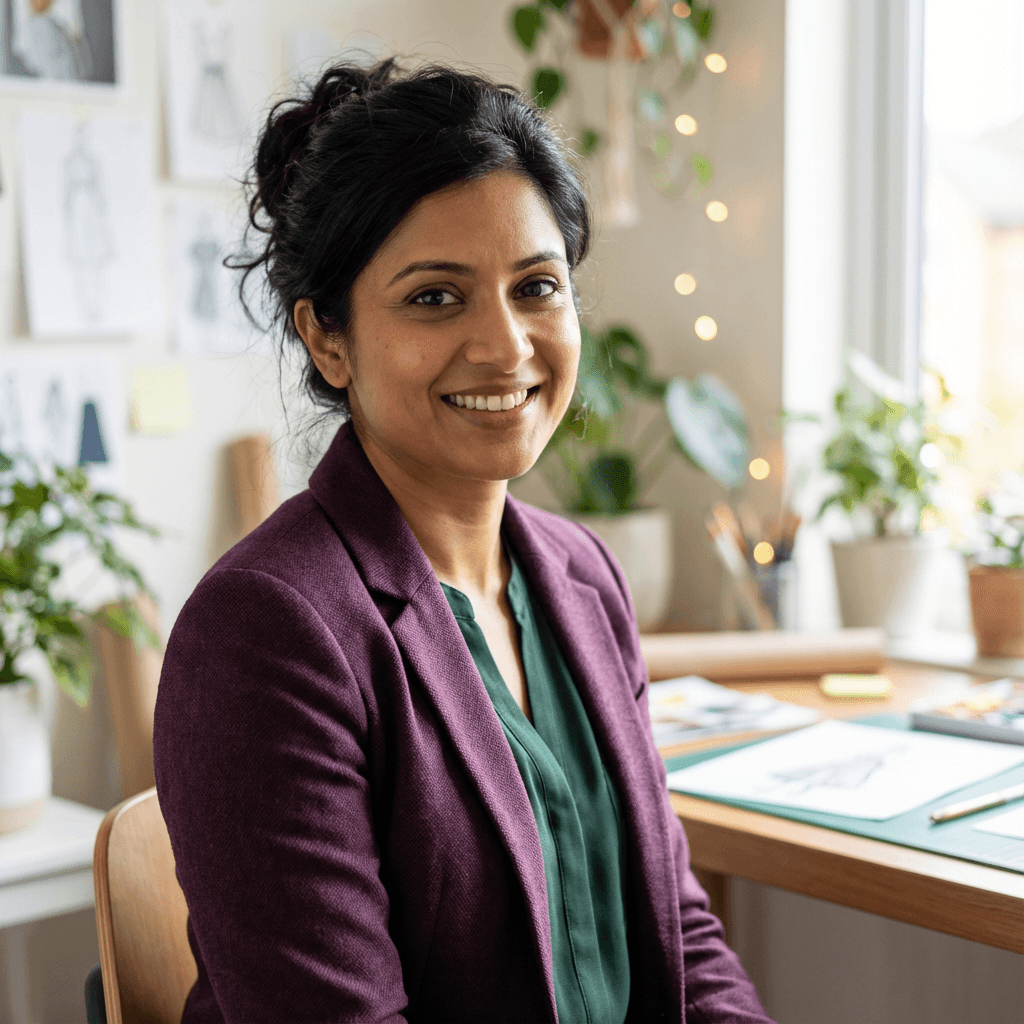 Michelle Ansoul, founder and knitwear designer, smiling softly in a bright studio