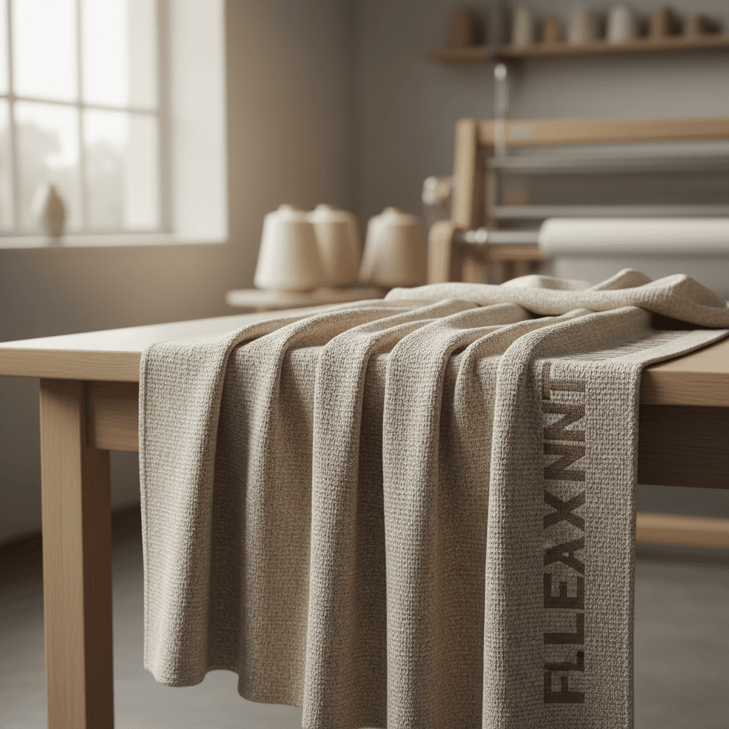 Beige textured fabric with branding draped over a wooden table in a bright studio.