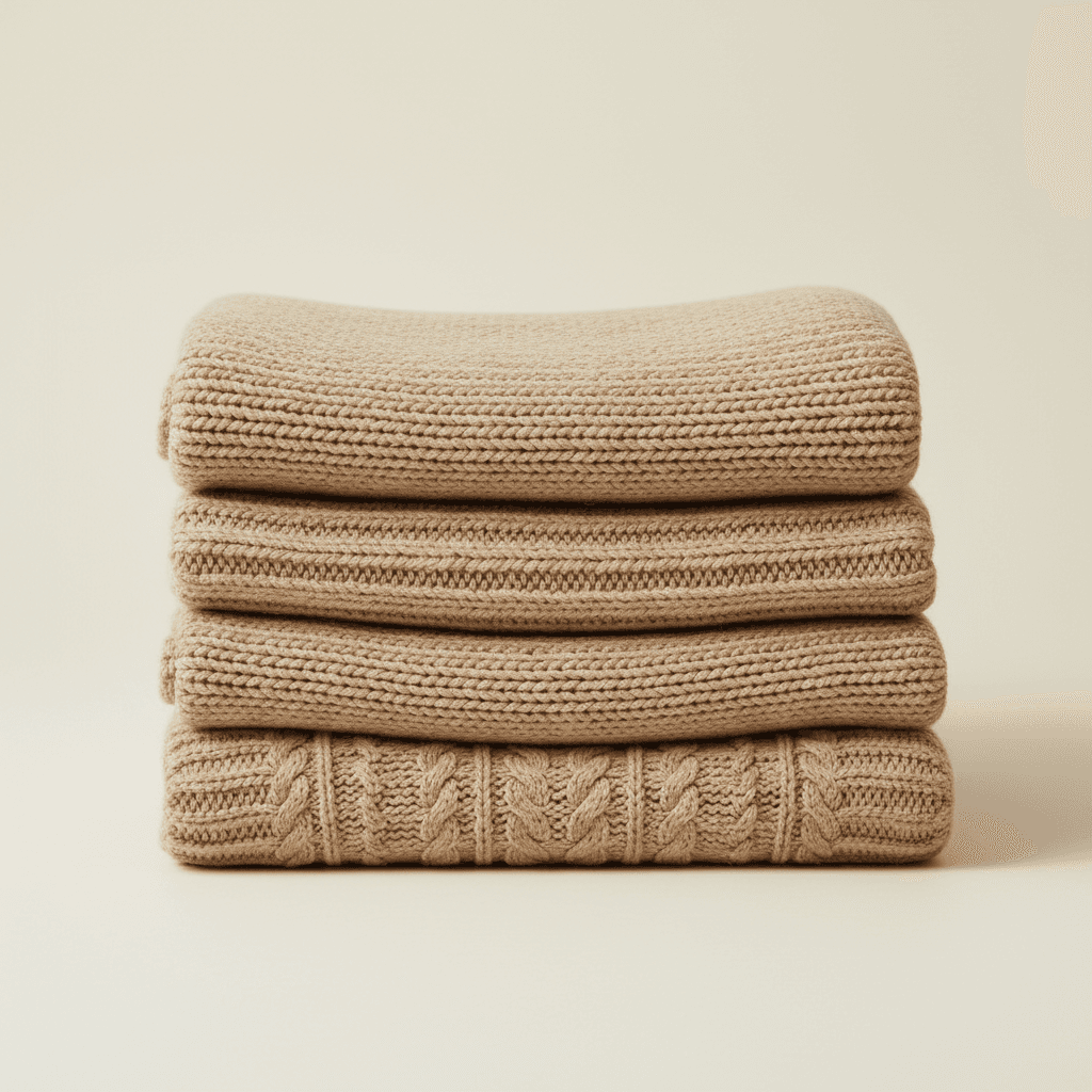 folded beige knitted fabric stack on neutral background