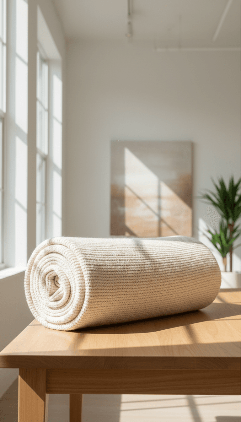 Roll of cream colored knit fabric on a table