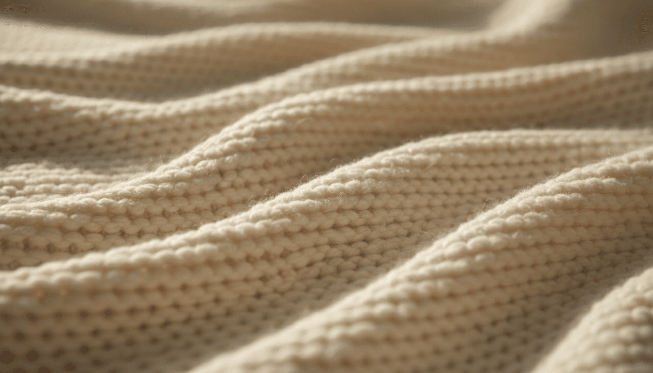 close-up of soft cream knitted fabric texture with gentle folds and natural light