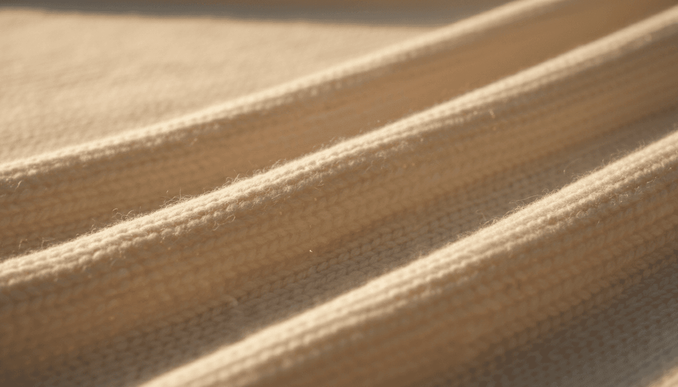 close-up of soft cream knitted fabric texture with gentle folds in warm natural light